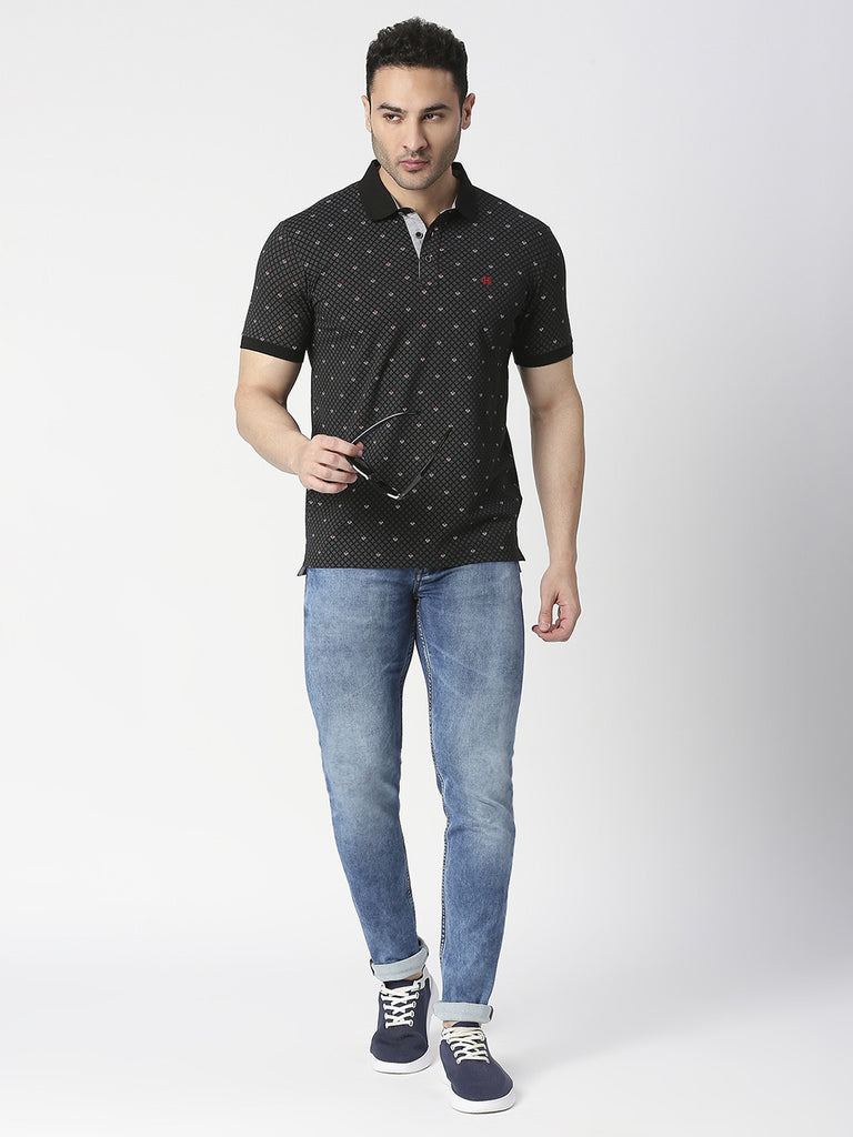 Black Cotton Jersey Lycra Printed Polo T-shirt