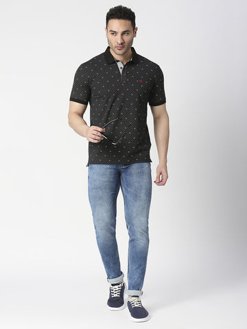 Black Cotton Jersey Lycra Printed Polo T-shirt