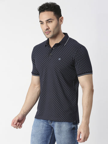 Navy Blue Jersey Lycra Printed Polo T-shirt With Tipping Collar