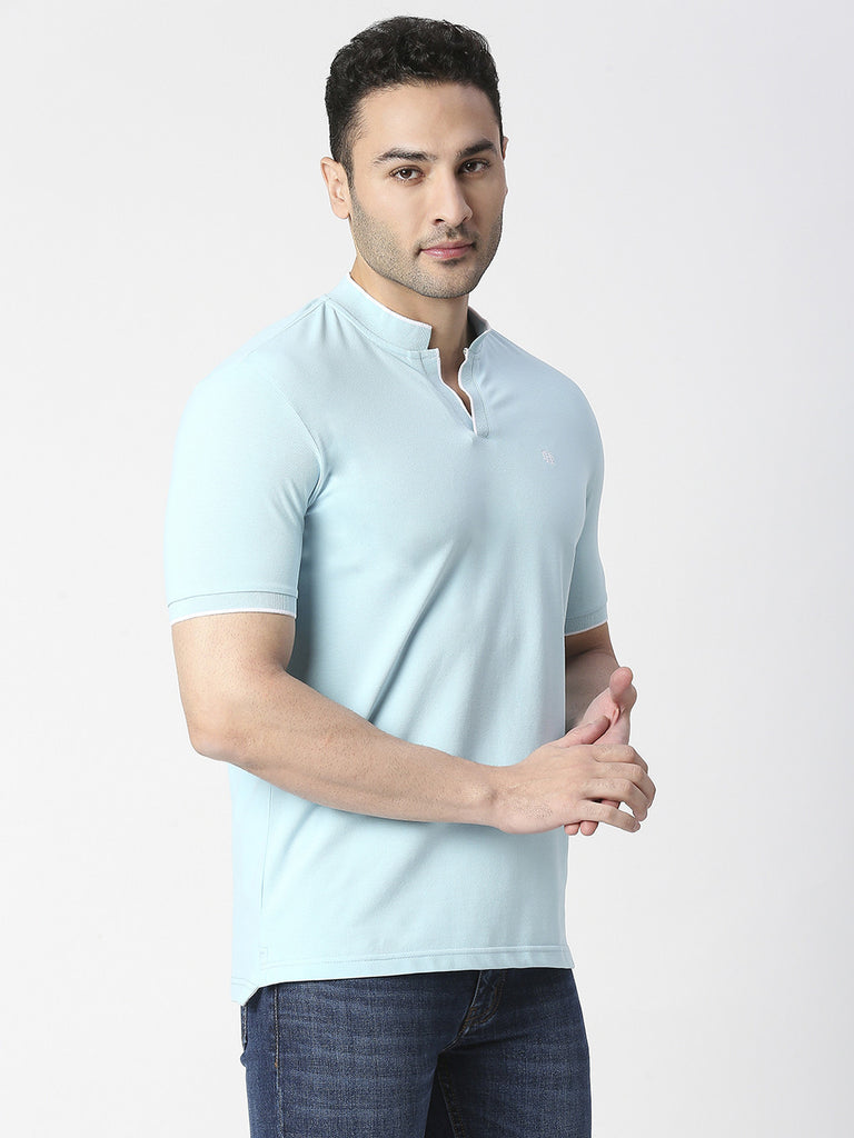 Sky Blue Pique Lycra Polo T-shirt With Johnny Collar