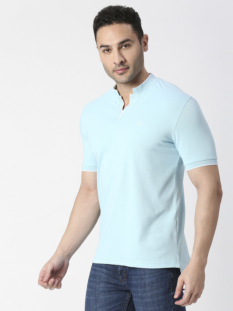 Sky Blue Pique Lycra Polo T-shirt With Johnny Collar