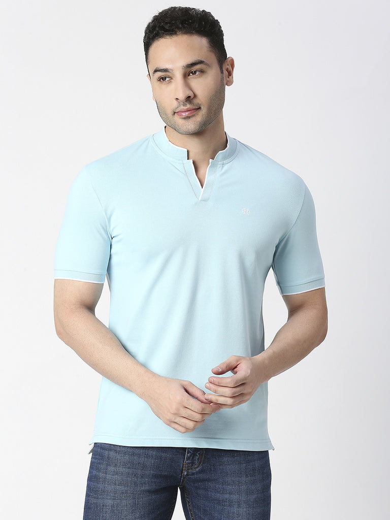 Sky Blue Pique Lycra Polo T-shirt With Johnny Collar