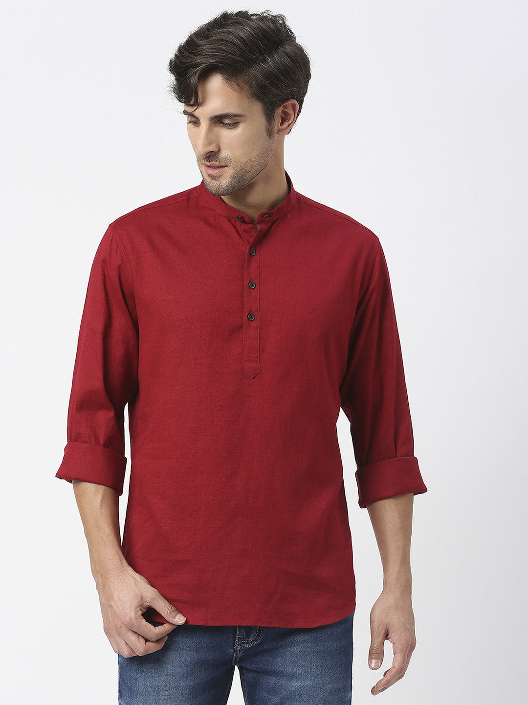 Red Cotton Linen Shirt With Roll Up Sleeves