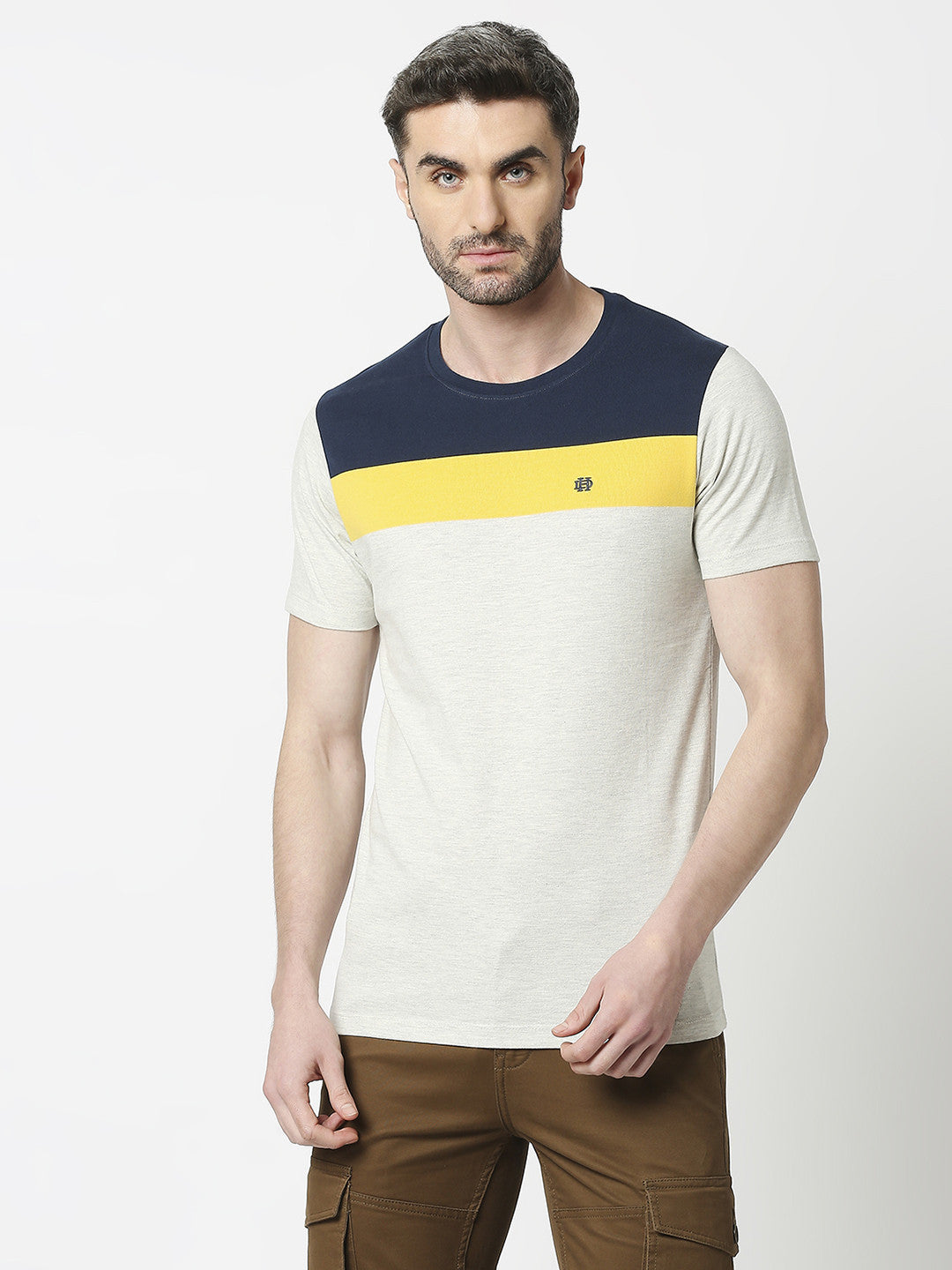 Ecru Melange Jersey Lycra Colour Blocked Round Neck T-shirt