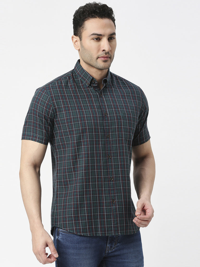 Bottle Green Half Sleeves Twill Checked Shirt With Pocket