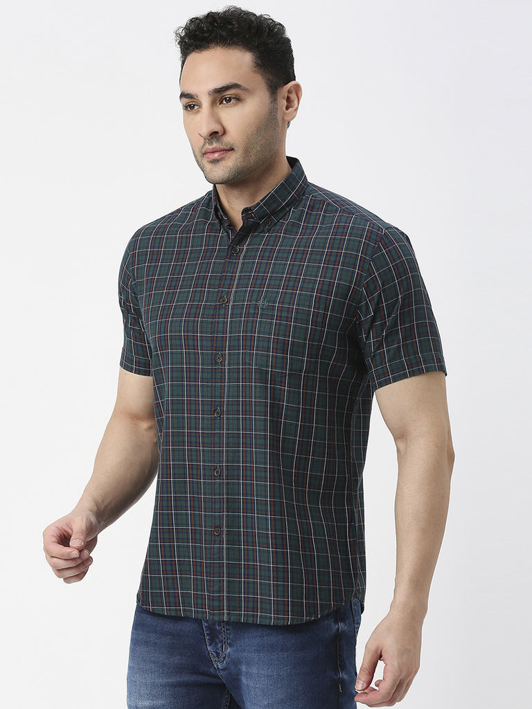 Bottle Green Half Sleeves Twill Checked Shirt With Pocket