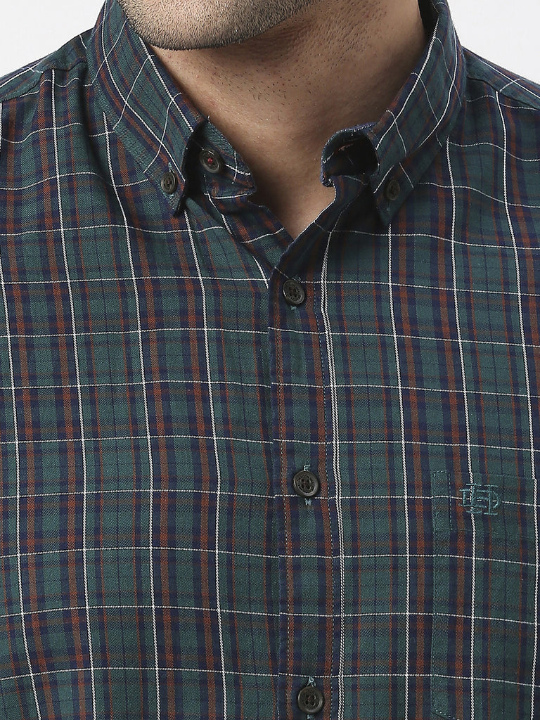 Bottle Green Half Sleeves Twill Checked Shirt With Pocket