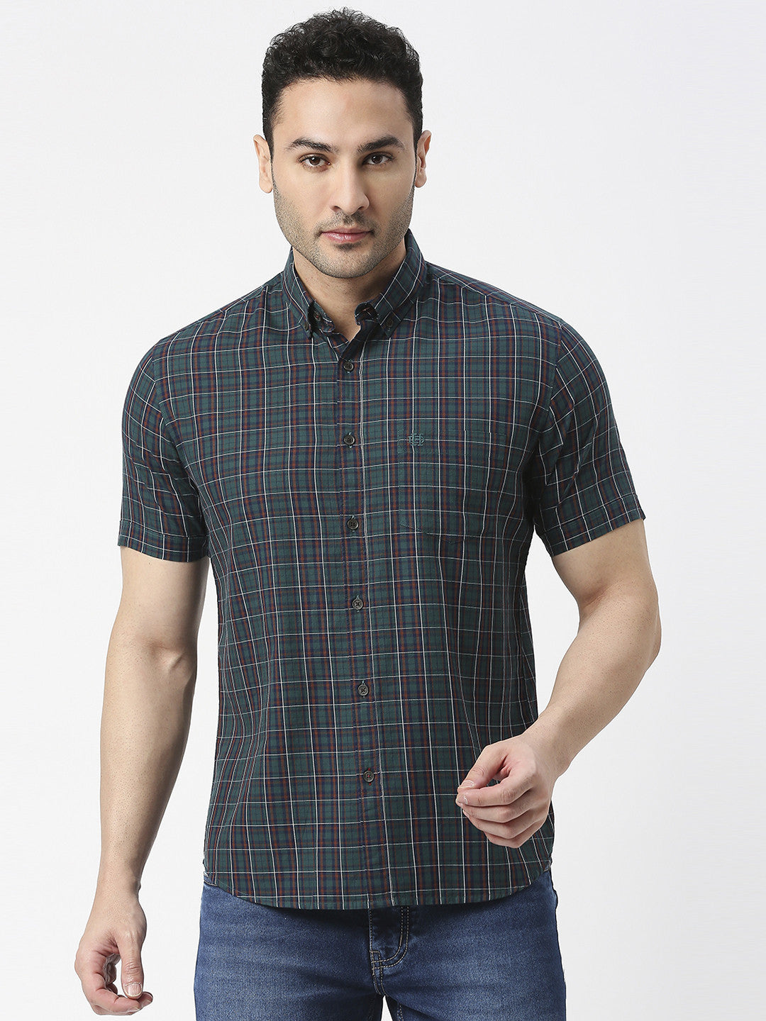 Bottle Green Half Sleeves Twill Checked Shirt With Pocket