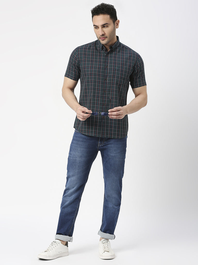 Bottle Green Half Sleeves Twill Checked Shirt With Pocket