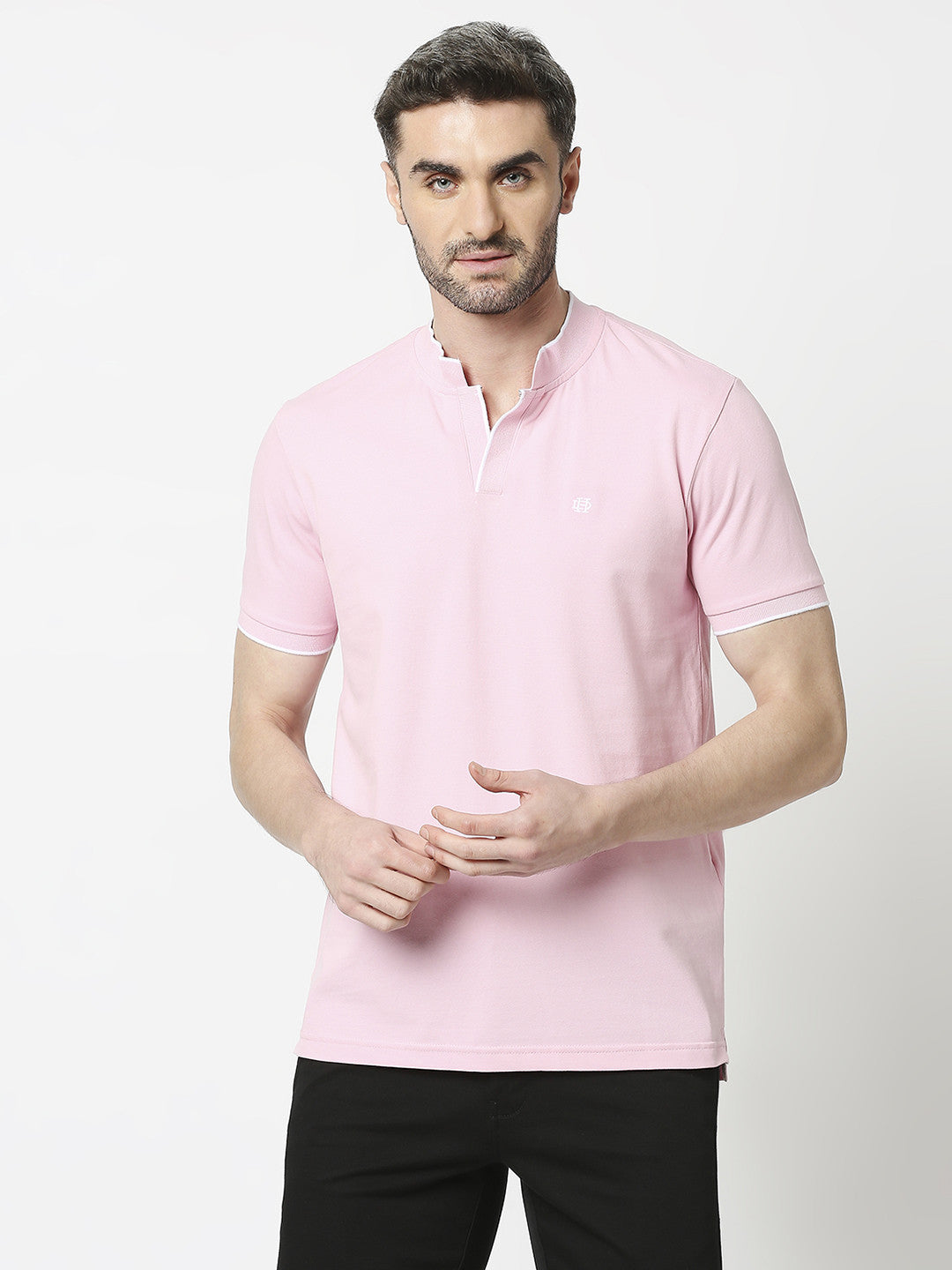 Pink Pique Lycra Polo T-shirt With Johnny Collar