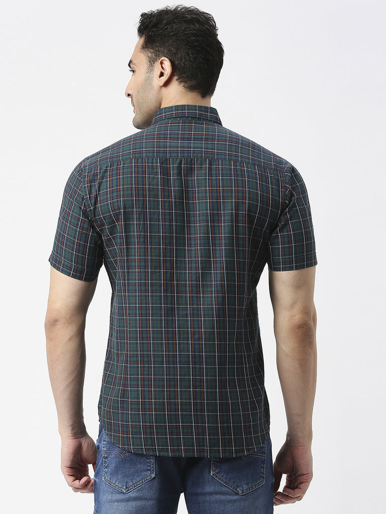 Bottle Green Half Sleeves Twill Checked Shirt With Pocket