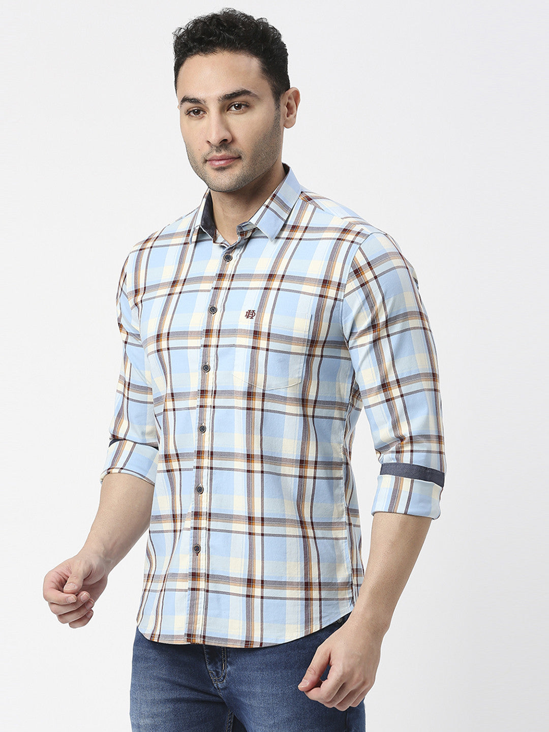 Sky Blue Twill Stretch Checked Shirt With Pocket