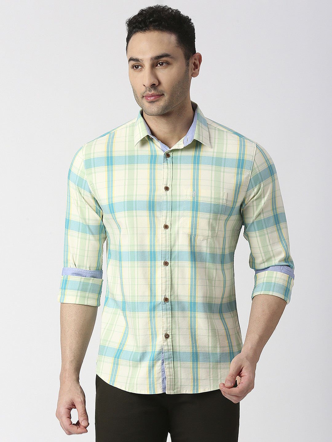 Green Twill Stretch Checked Shirt With Pocket