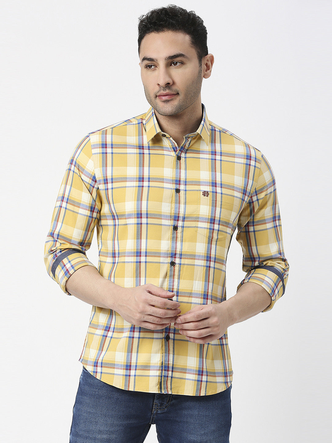 Yellow Twill Stretch Checked Shirt With Pocket