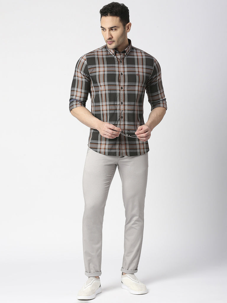 Dark Olive Twill Stretch Checked Shirt With Button Down Collar