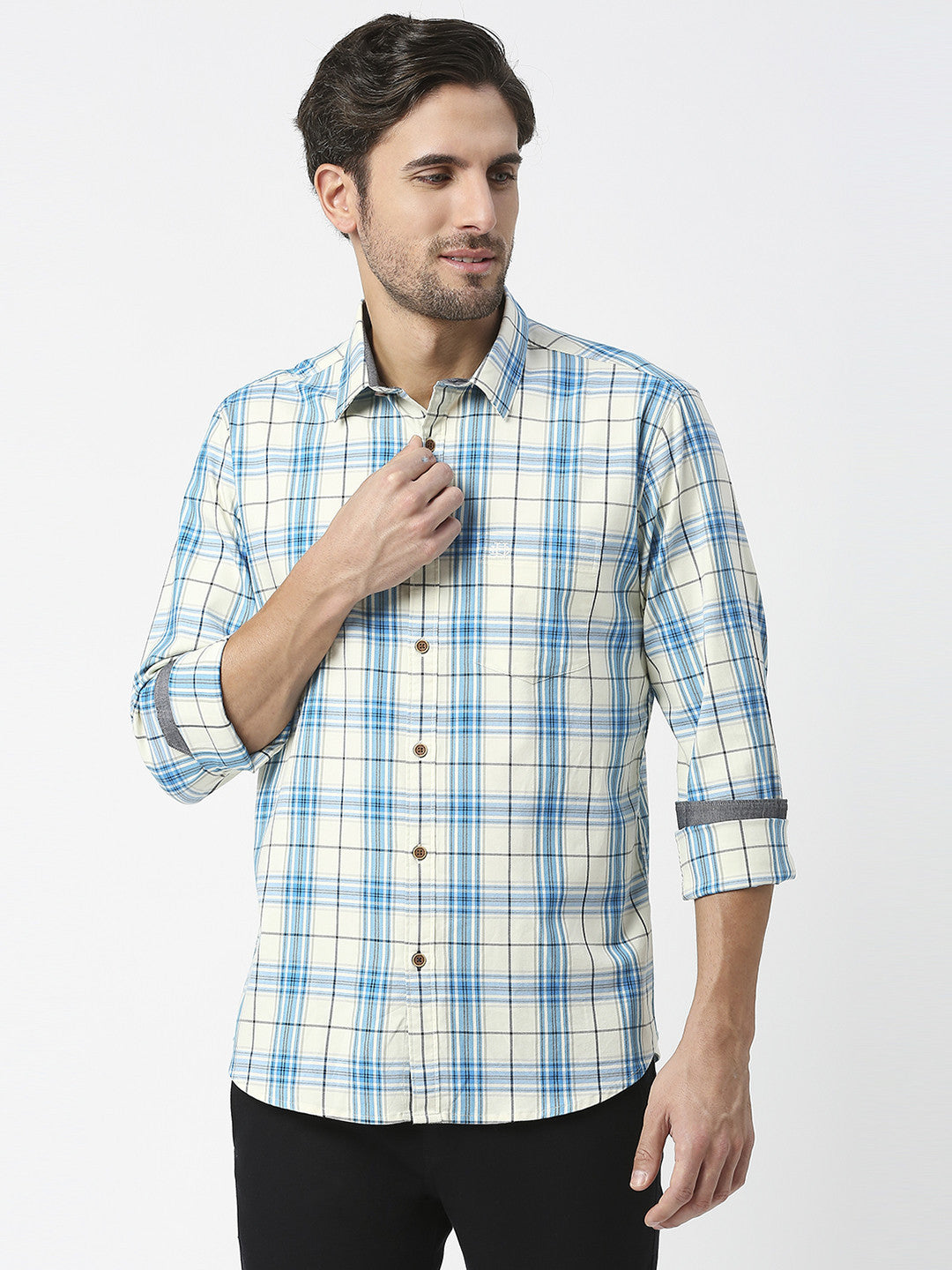 Royal Blue Twill Stretch Checked Shirt With Pocket