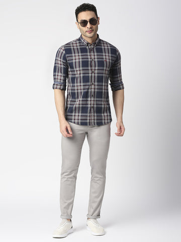 Navy Twill Stretch Checked Shirt With Button Down Collar