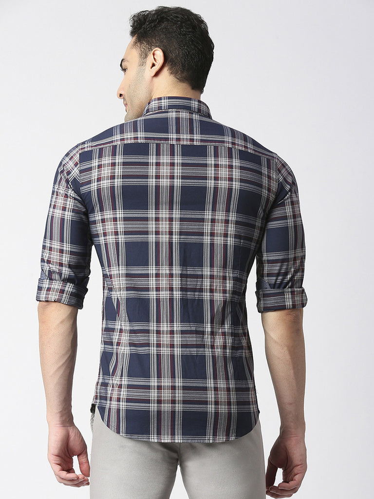 Navy Twill Stretch Checked Shirt With Button Down Collar