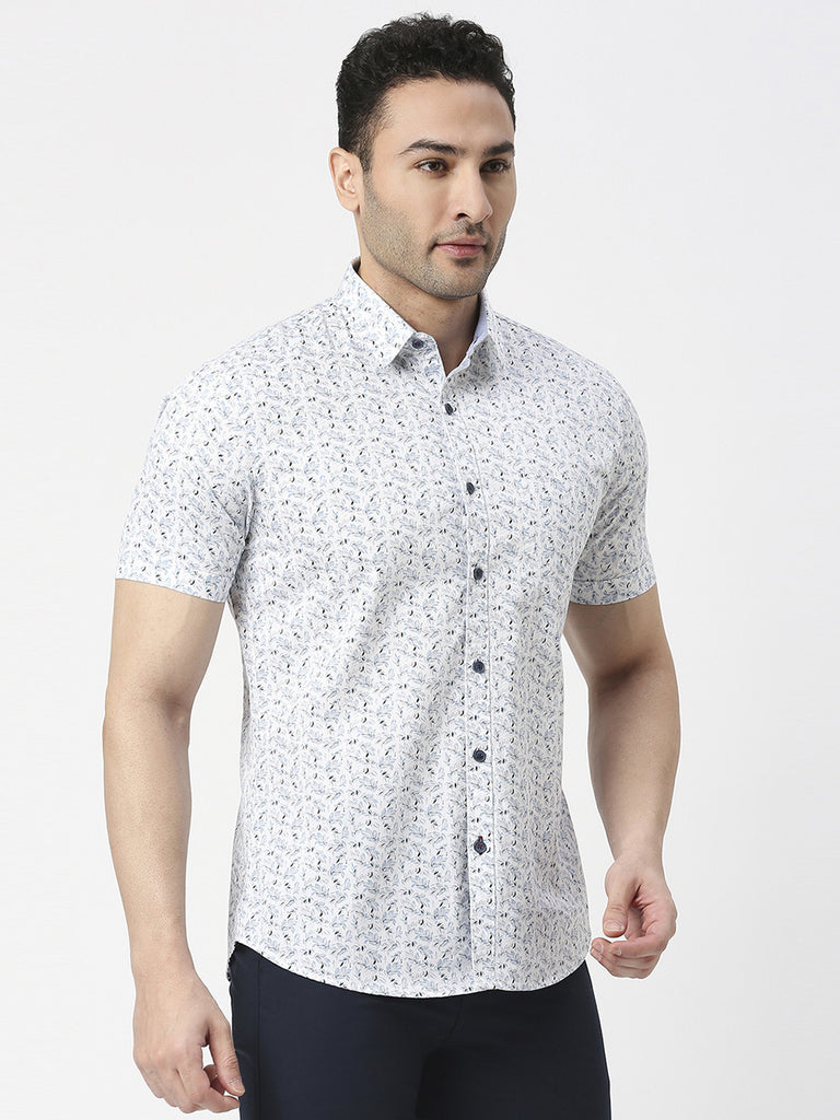 White & Sky Blue Half Sleeves Twill Printed Shirt With Pocket