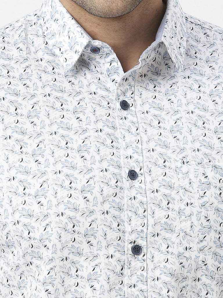 White & Sky Blue Half Sleeves Twill Printed Shirt With Pocket