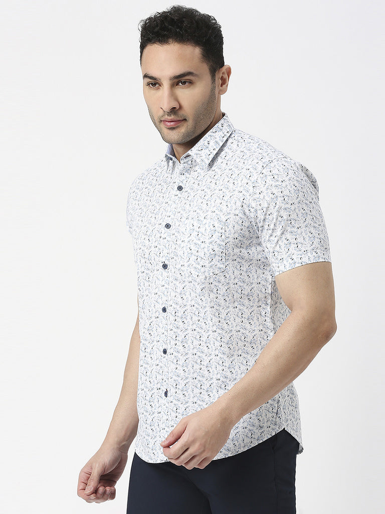 White & Sky Blue Half Sleeves Twill Printed Shirt With Pocket