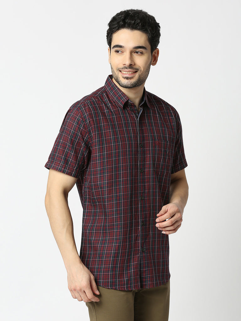 Wine Half Sleeves Twill Checked Shirt With Pocket