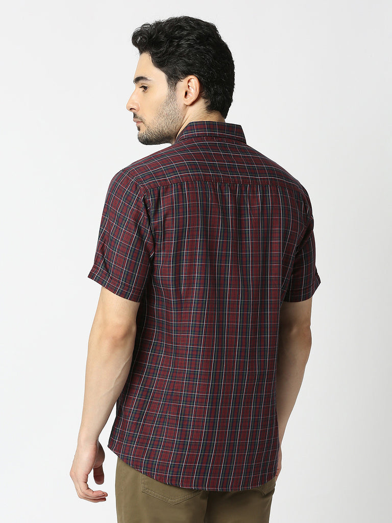 Wine Half Sleeves Twill Checked Shirt With Pocket