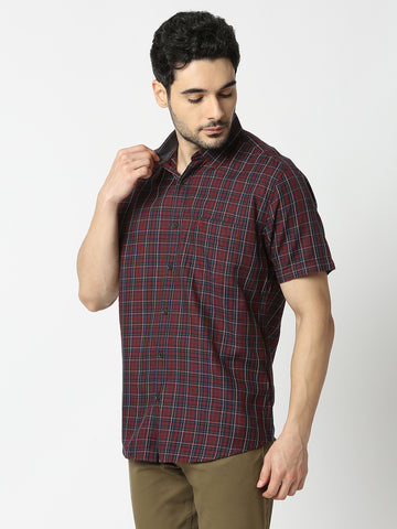 Wine Half Sleeves Twill Checked Shirt With Pocket