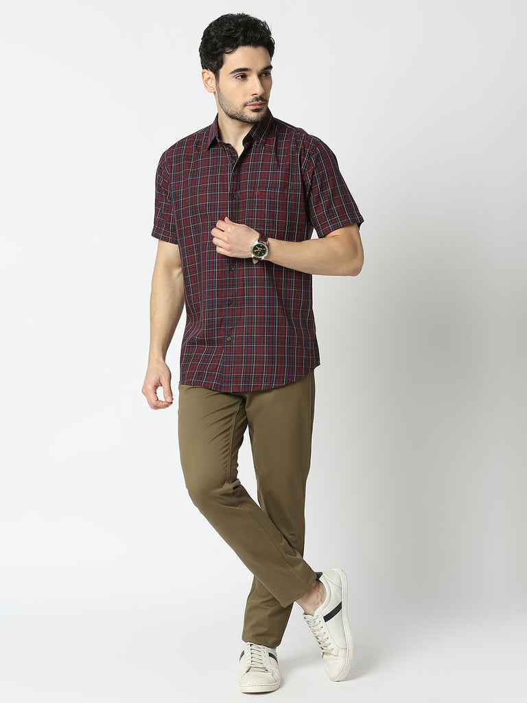 Wine Half Sleeves Twill Checked Shirt With Pocket