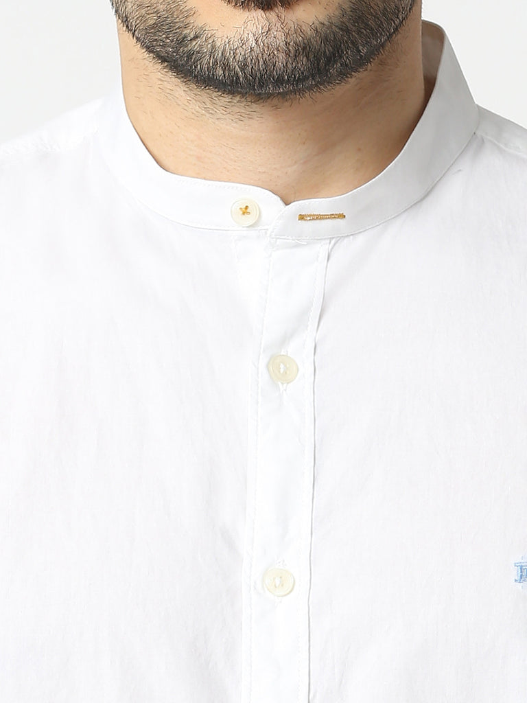 White Poplin Shirt With Stand Collar