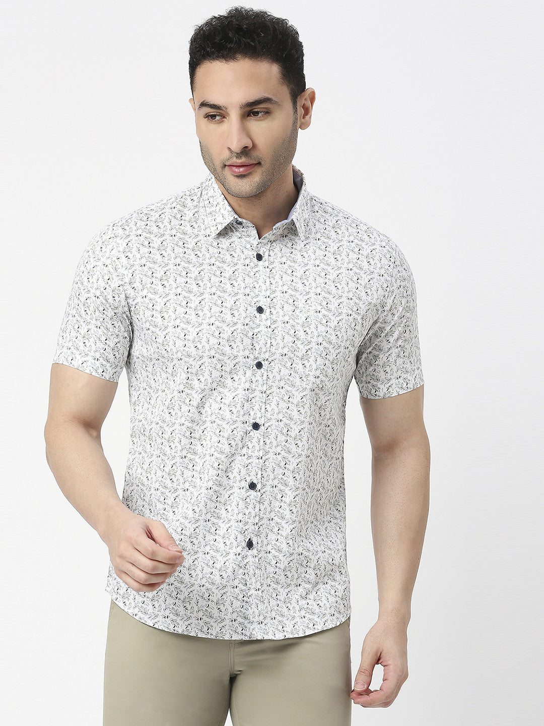 White & Olive Half Sleeves Twill Printed Shirt With Pocket