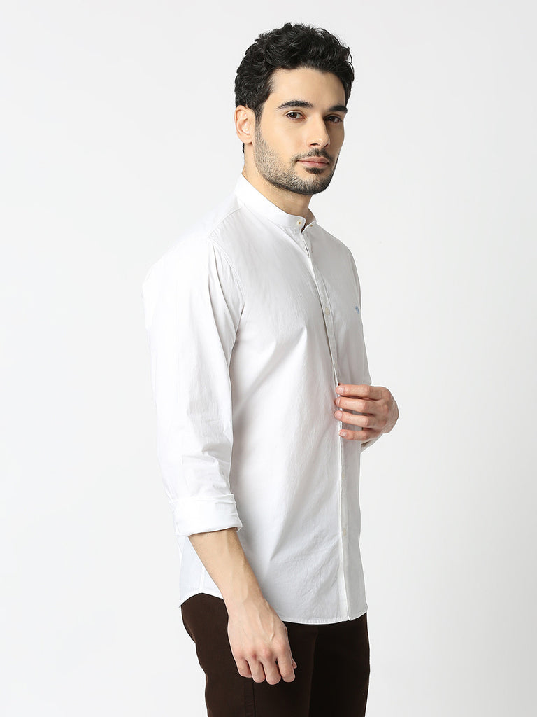 White Poplin Shirt With Stand Collar