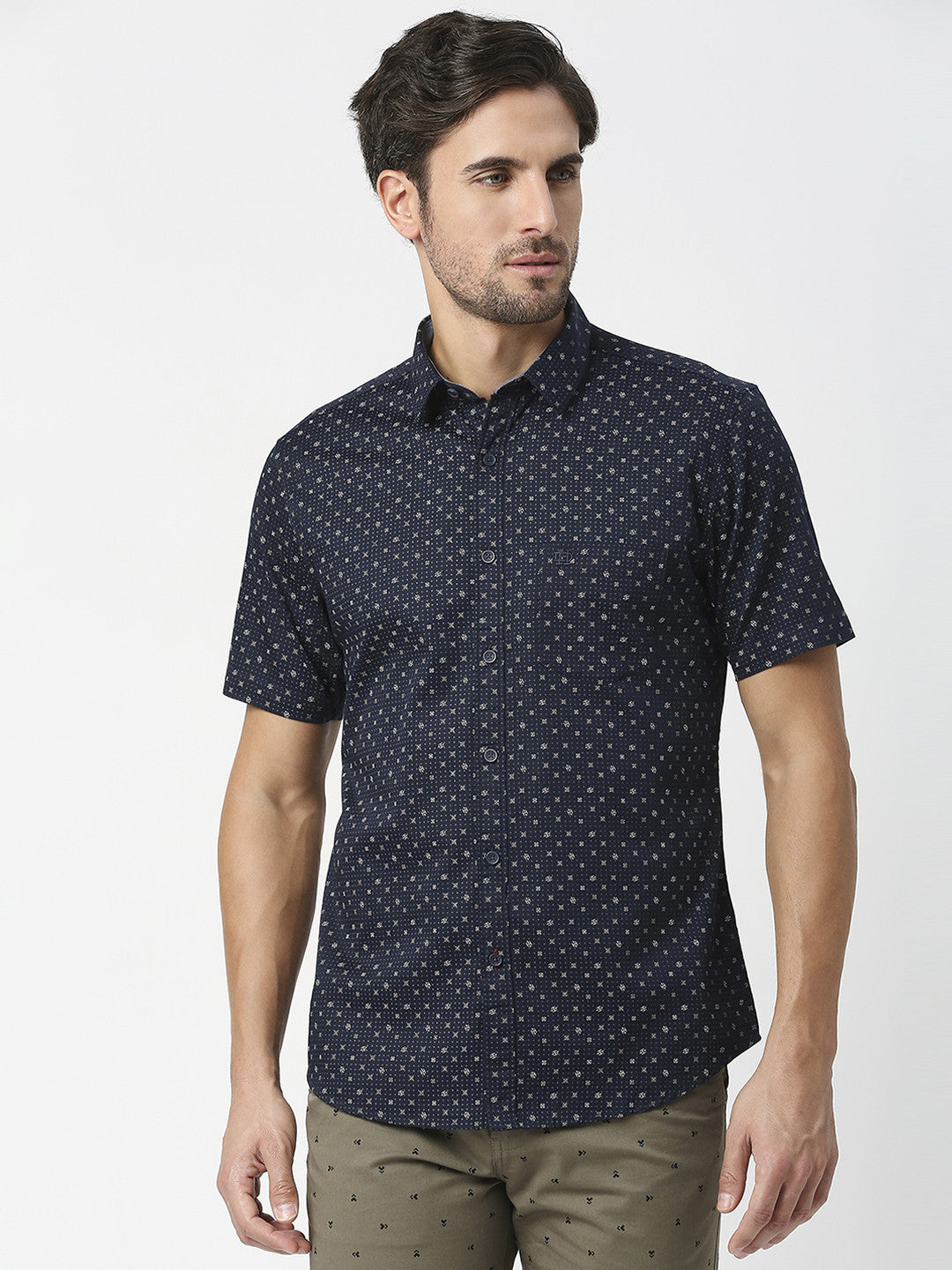 Navy Blue Half Sleeves Satin Printed Shirt With Pocket