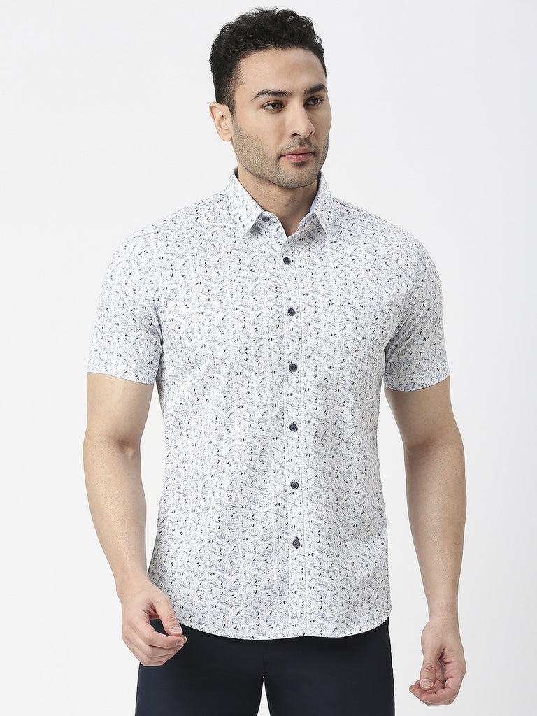 White & Sky Blue Half Sleeves Twill Printed Shirt With Pocket