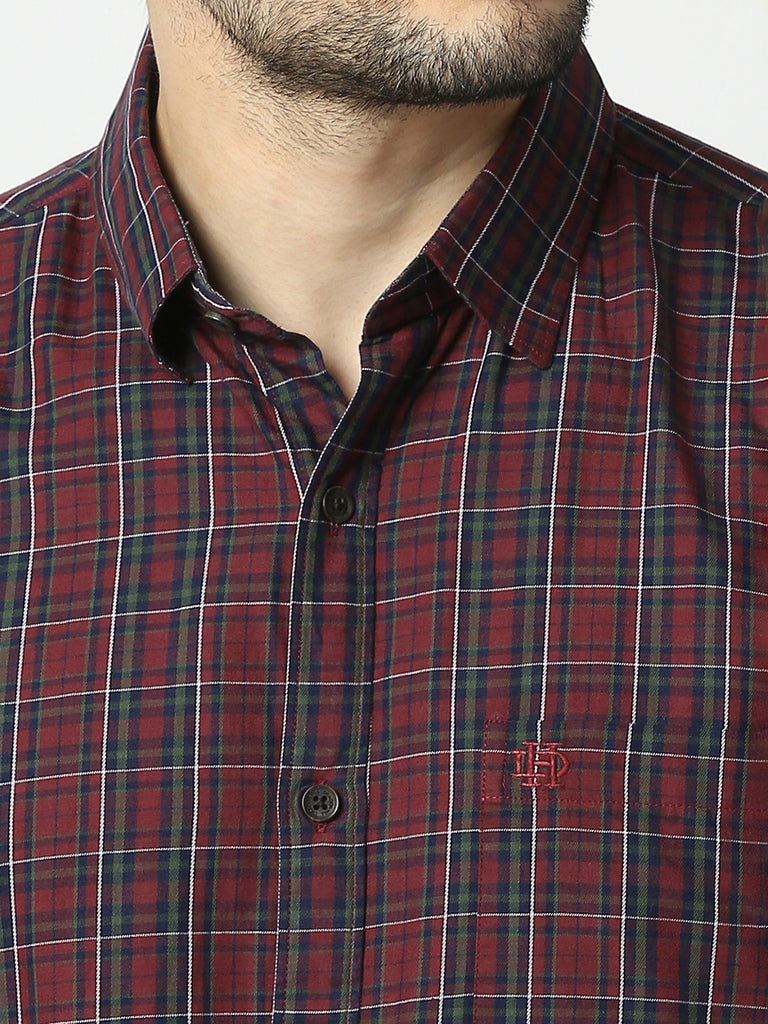 Wine Half Sleeves Twill Checked Shirt With Pocket