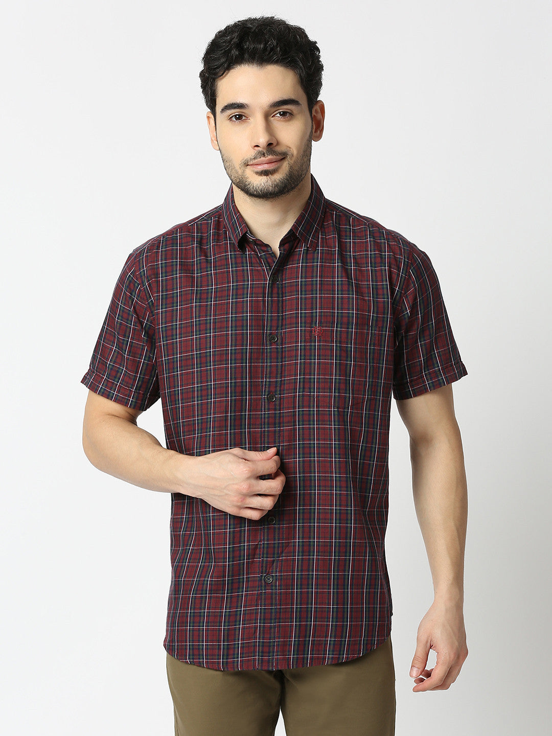 Wine Half Sleeves Twill Checked Shirt With Pocket