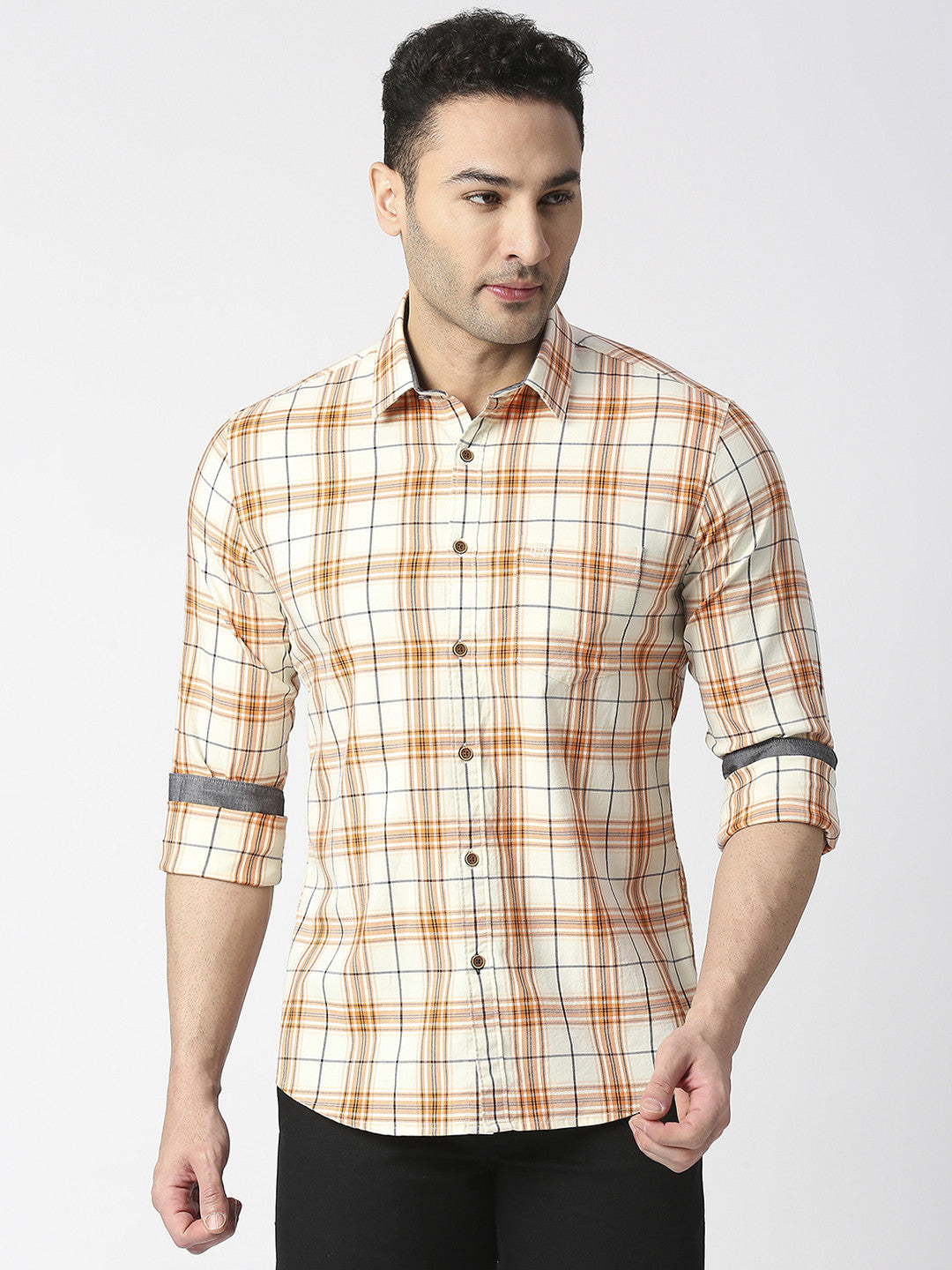 Orange Twill Stretch Checked Shirt With Pocket