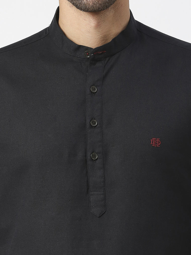 Black Cotton Linen Shirt With Roll Up Sleeves