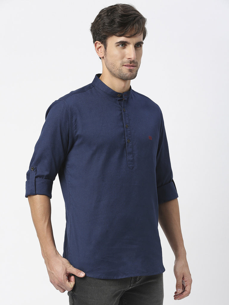 Navy Cotton Linen Shirt With Roll Up Sleeves