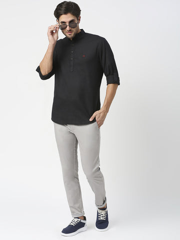 Black Cotton Linen Shirt With Roll Up Sleeves