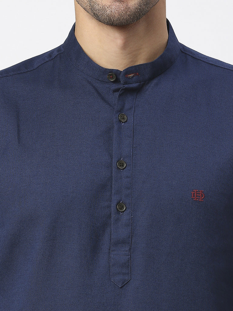 Navy Cotton Linen Shirt With Roll Up Sleeves