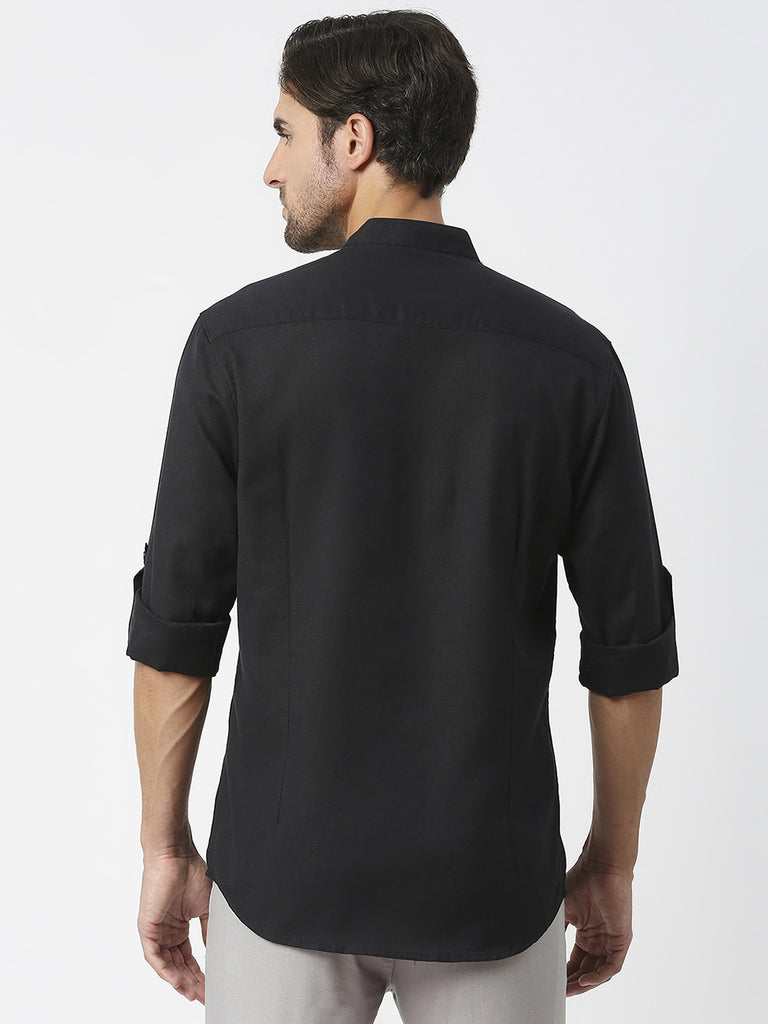 Black Cotton Linen Shirt With Roll Up Sleeves