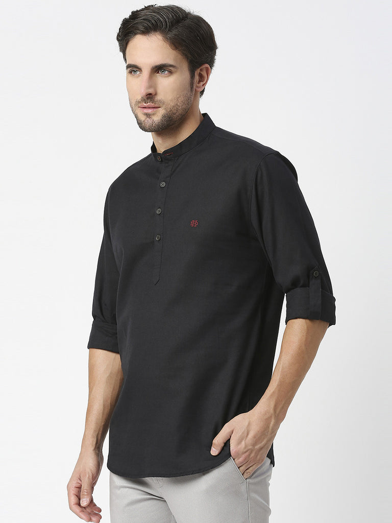 Black Cotton Linen Shirt With Roll Up Sleeves