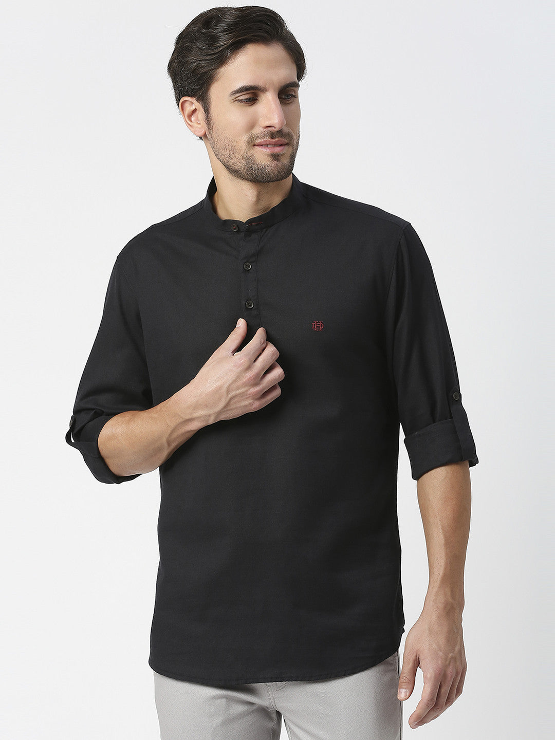 Black Cotton Linen Shirt With Roll Up Sleeves