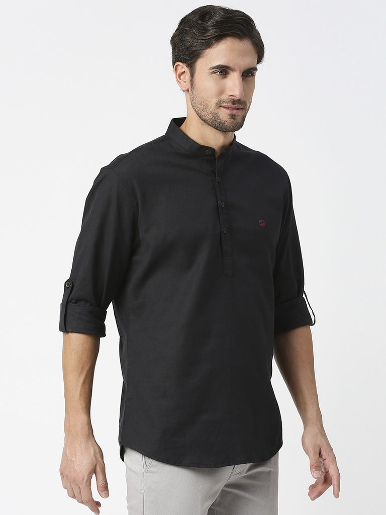 Black Cotton Linen Shirt With Roll Up Sleeves