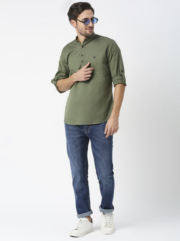 Olive Cotton Linen Shirt With Roll Up Sleeves