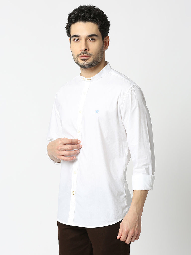 White Poplin Shirt With Stand Collar