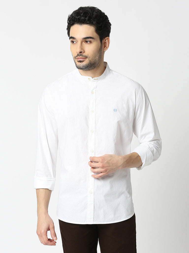 White Poplin Shirt With Stand Collar