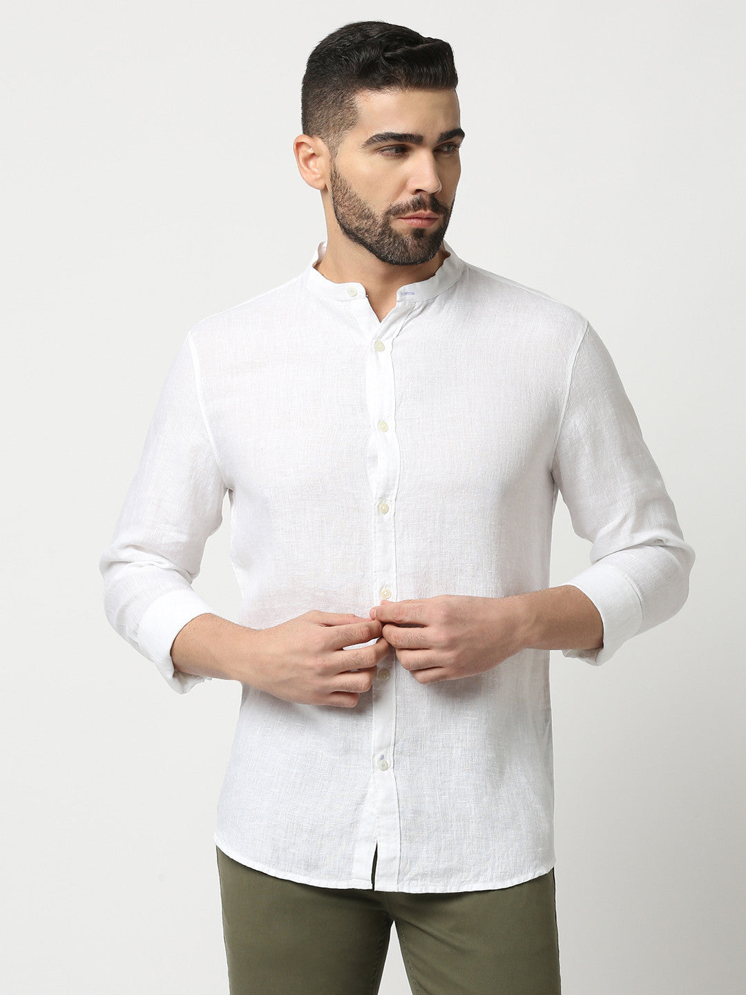 White Pure Linen Shirt With Mandarin Collar