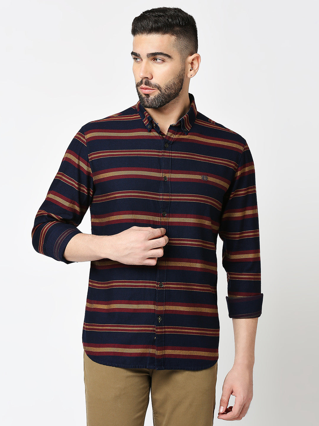 Maroon Indigo Twill Striped Shirt With Button Down Collar